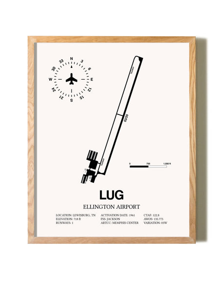 Ellington Airport framed print in natural wood frame