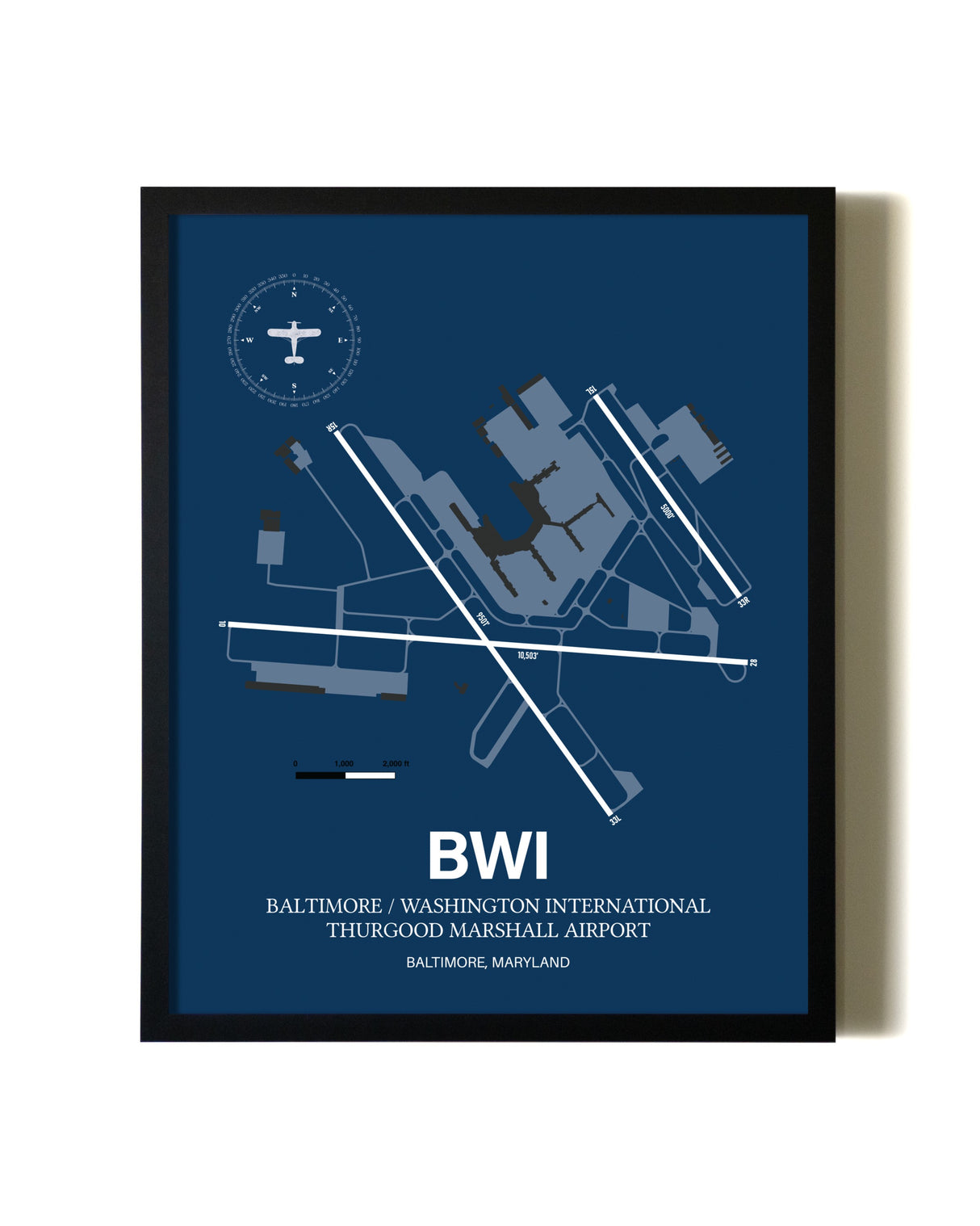 Aviation Blue Framed Baltimore/Washington International Thurgood Marshall Airport layout wall art poster