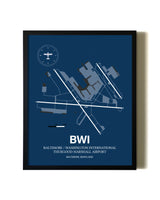 Aviation Blue Framed Baltimore/Washington International Thurgood Marshall Airport layout wall art poster