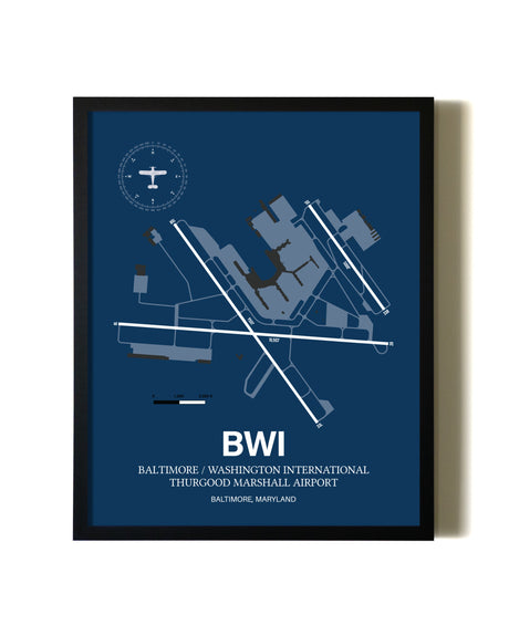 Aviation Blue Framed Baltimore/Washington International Thurgood Marshall Airport layout wall art poster