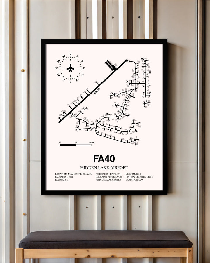 Hidden Lake Airport framed poster displayed in an airplane hangar