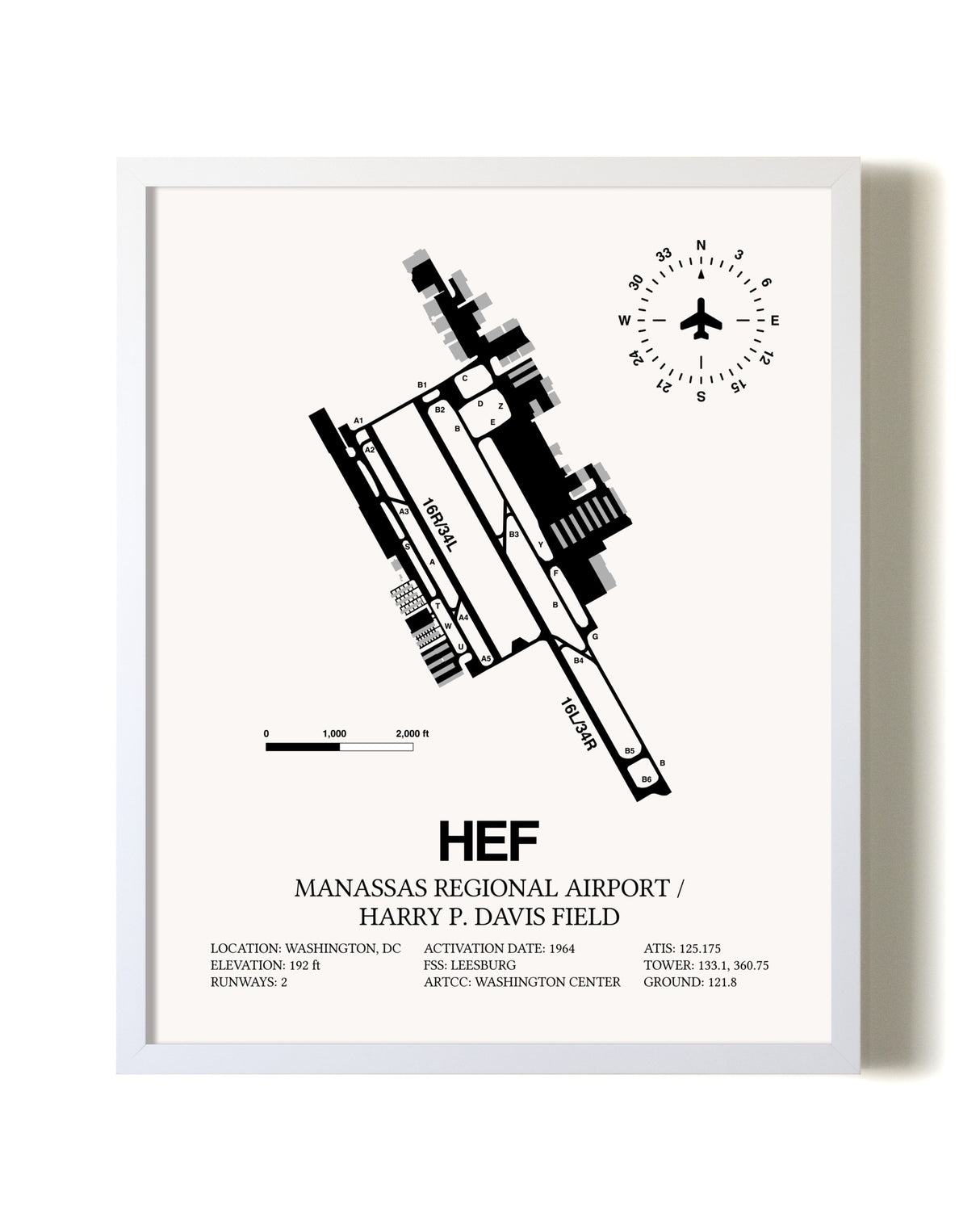 Manassas Regional Airport / Harry P. Davis Field airport map poster in oak frame
