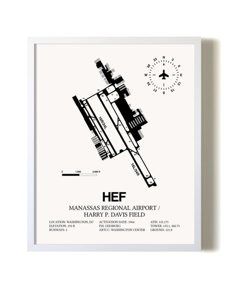 Manassas Regional Airport / Harry P. Davis Field airport map poster in oak frame