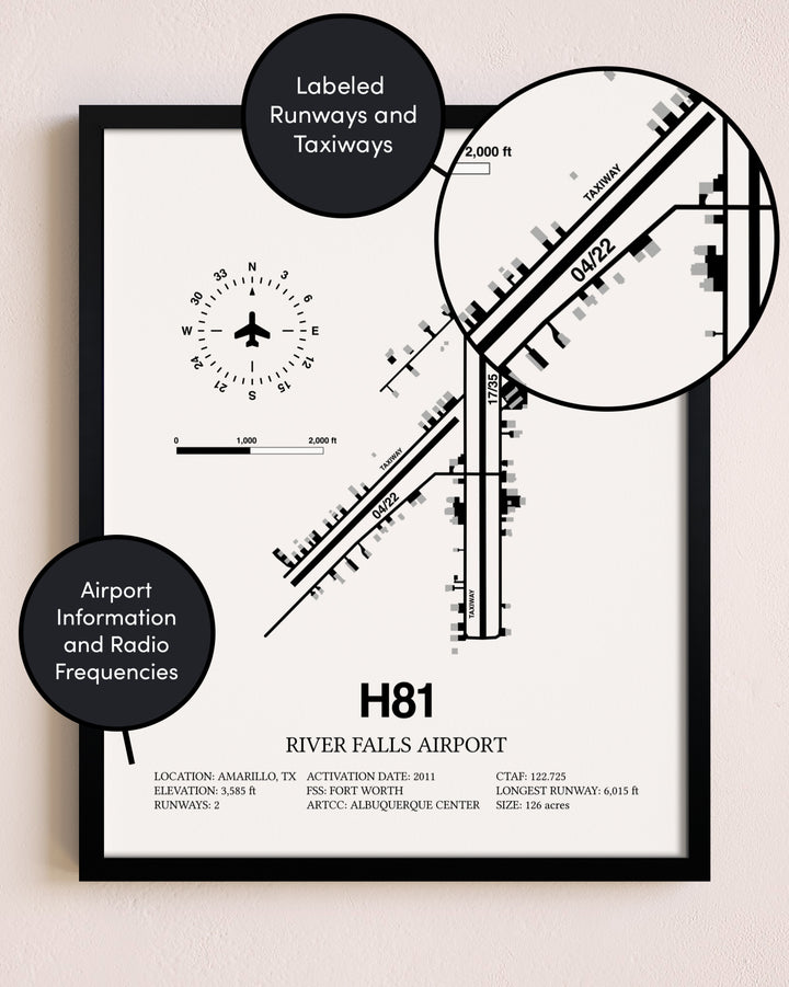 Framed River Falls Airport layout wall art poster