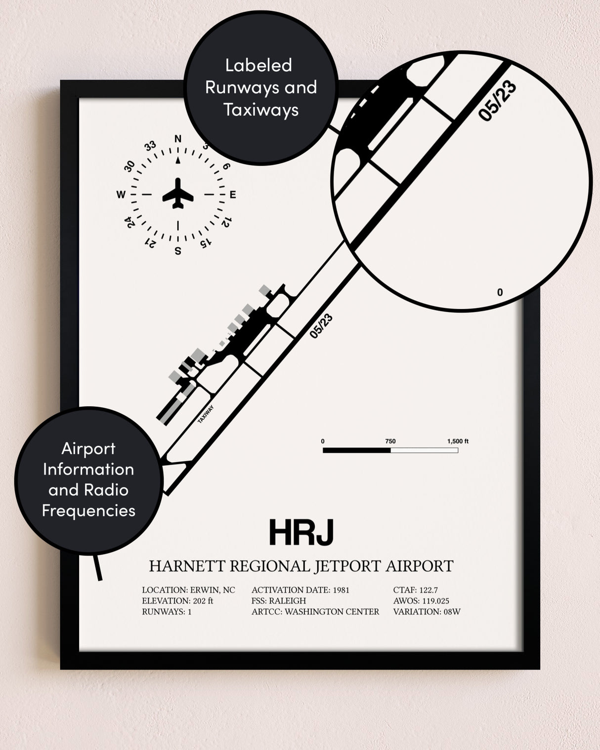 Framed Harnett Regional Jetport Airport layout wall art poster