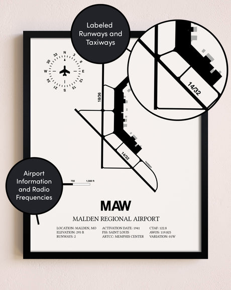 Framed Malden Regional Airport layout wall art poster