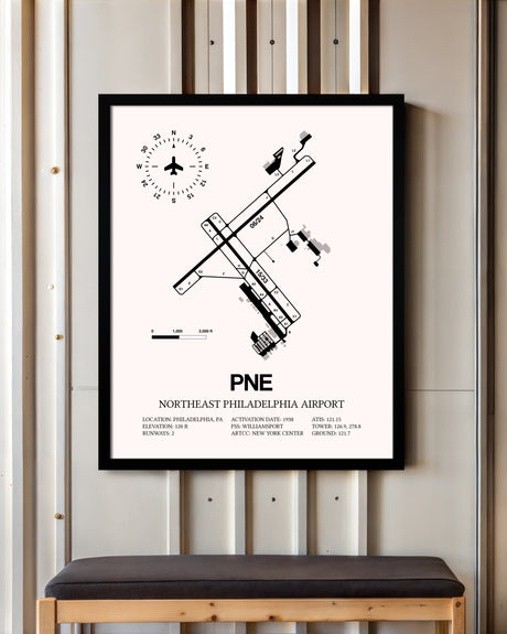 Northeast Philadelphia Airport framed poster displayed in an airplane hangar