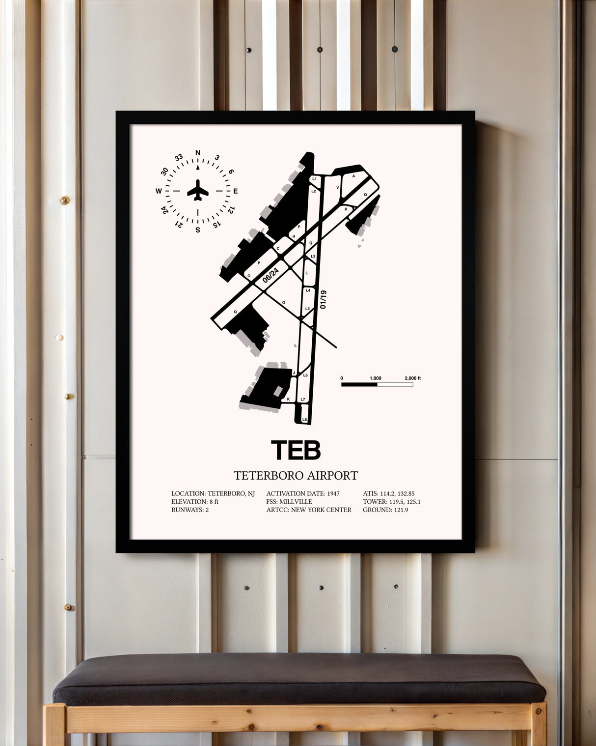 Teterboro Airport framed poster displayed in an airplane hangar