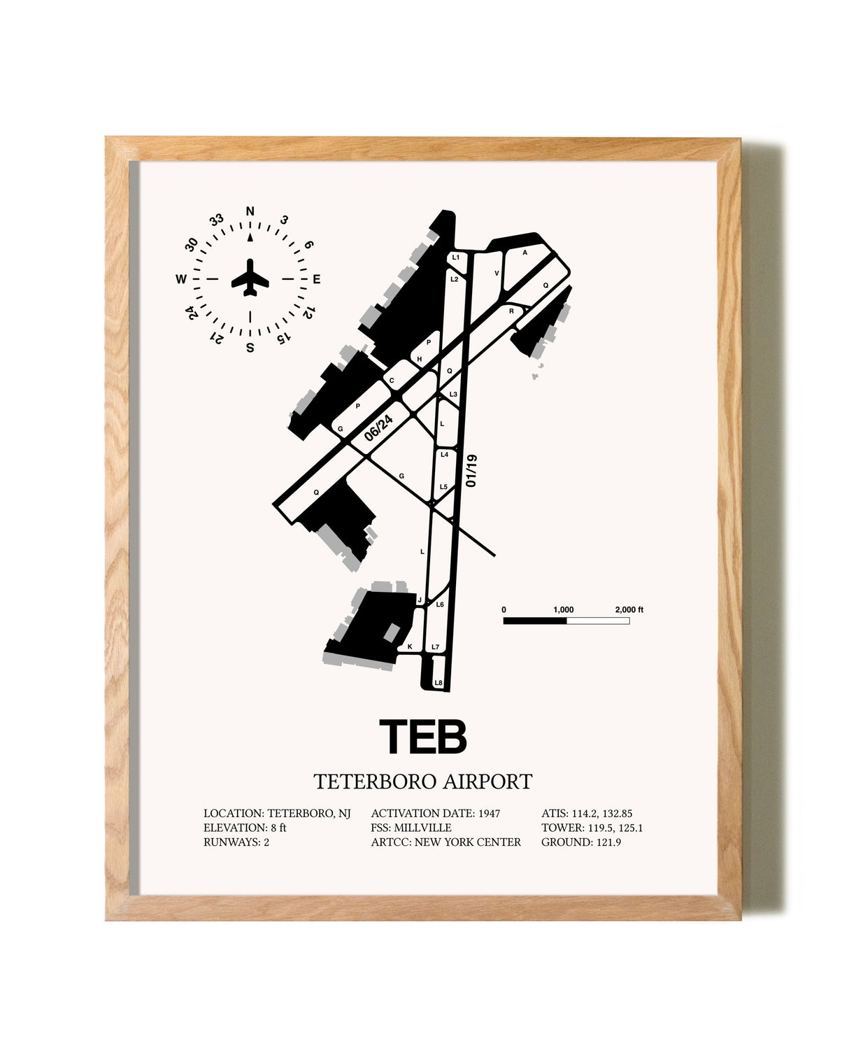Teterboro Airport framed print in natural wood frame