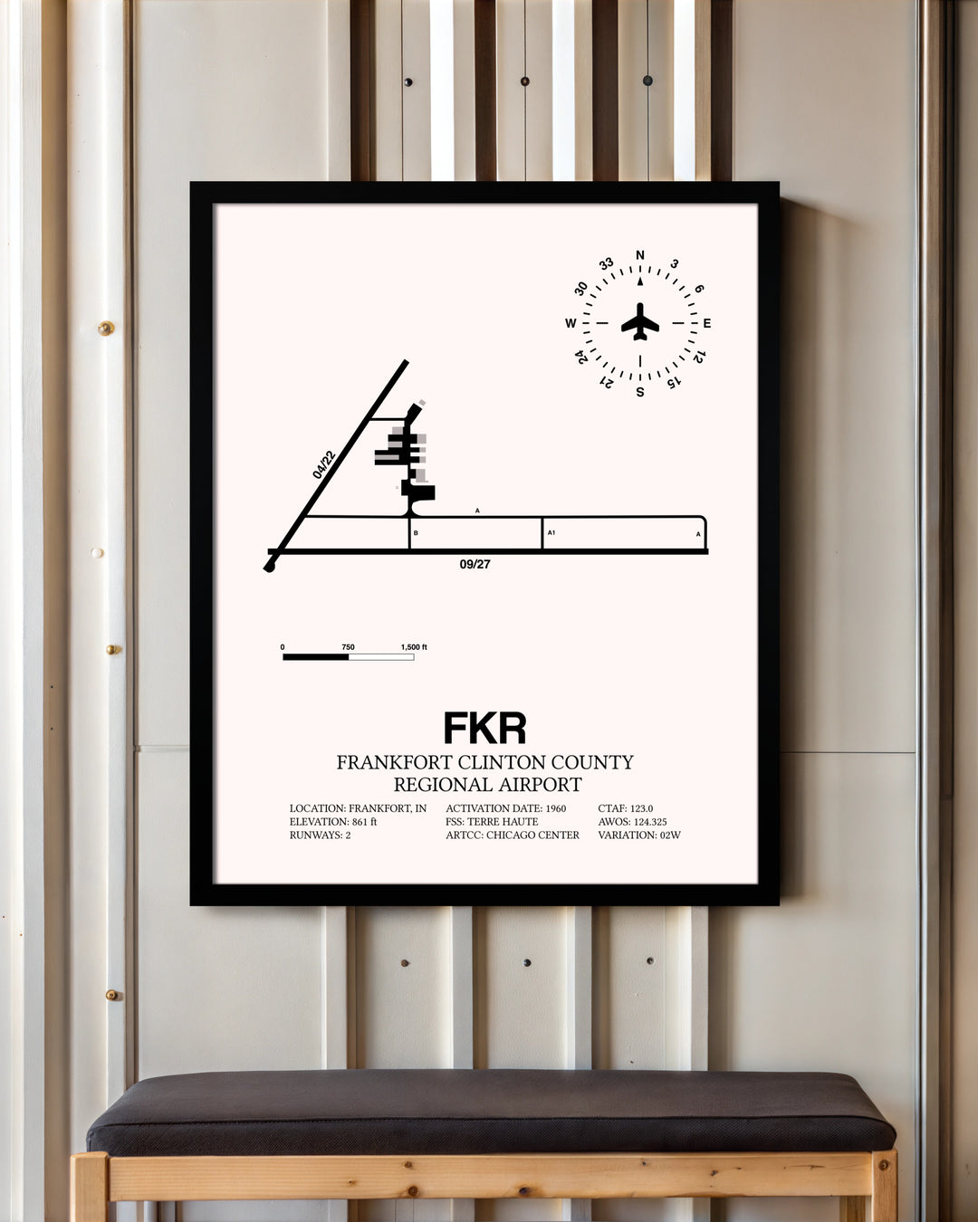 Frankfort Clinton County Regional Airport framed poster displayed in an airplane hangar