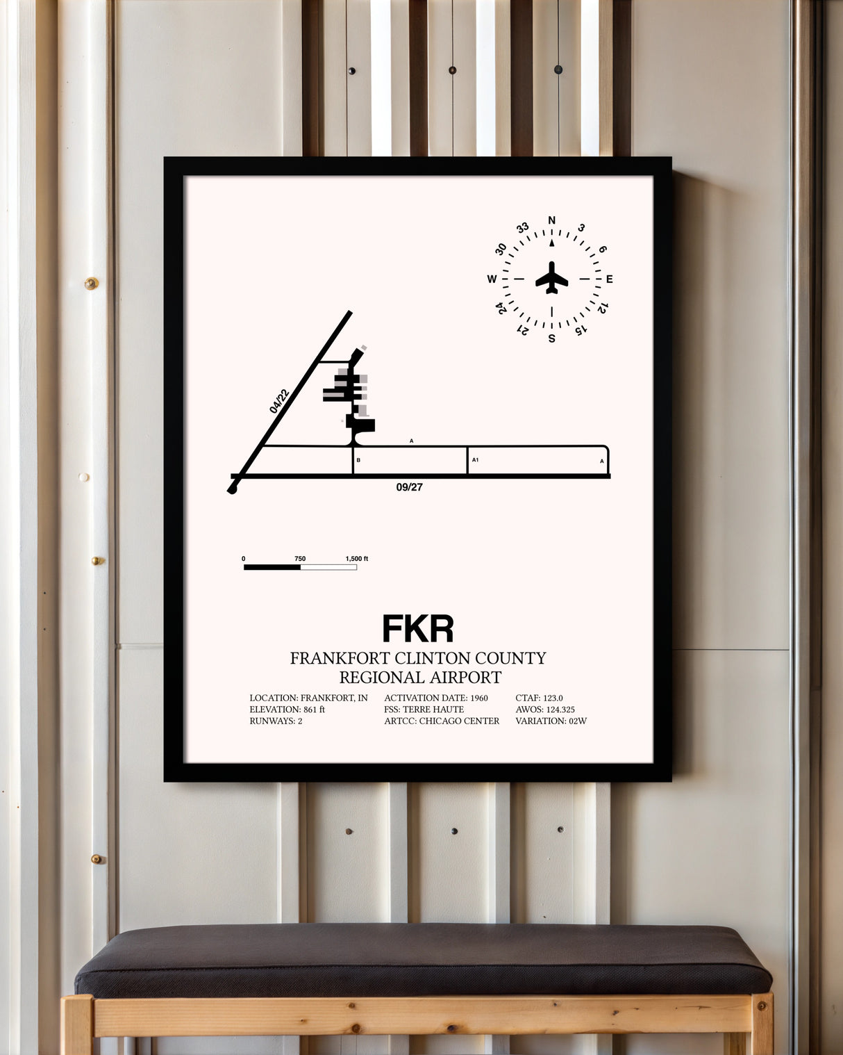 Frankfort Clinton County Regional Airport framed poster displayed in an airplane hangar