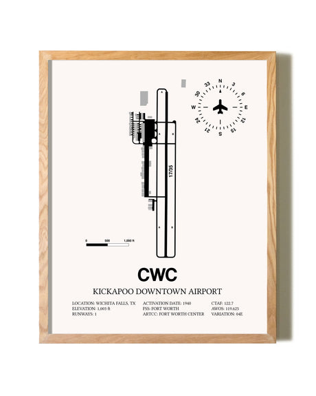 Kickapoo Downtown Airport framed print in natural wood frame