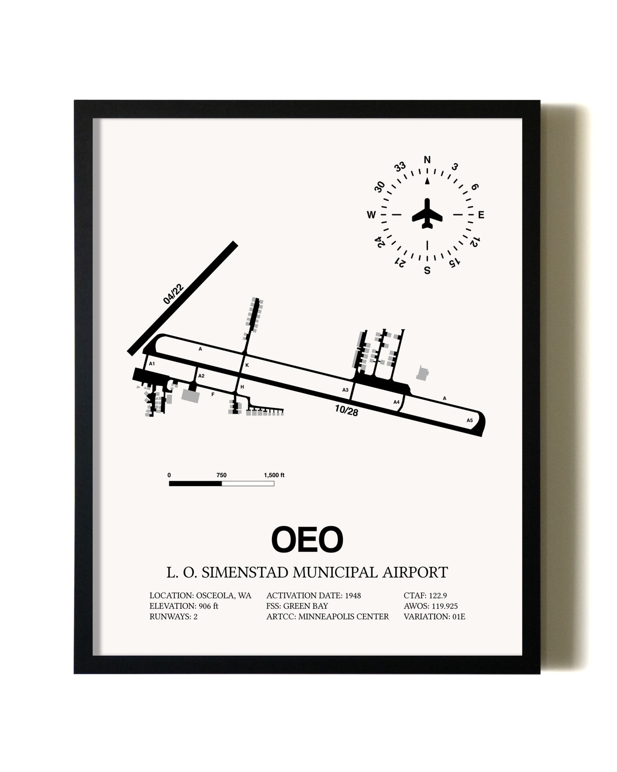 Framed L. O. Simenstad Municipal Airport wall art poster in black frame