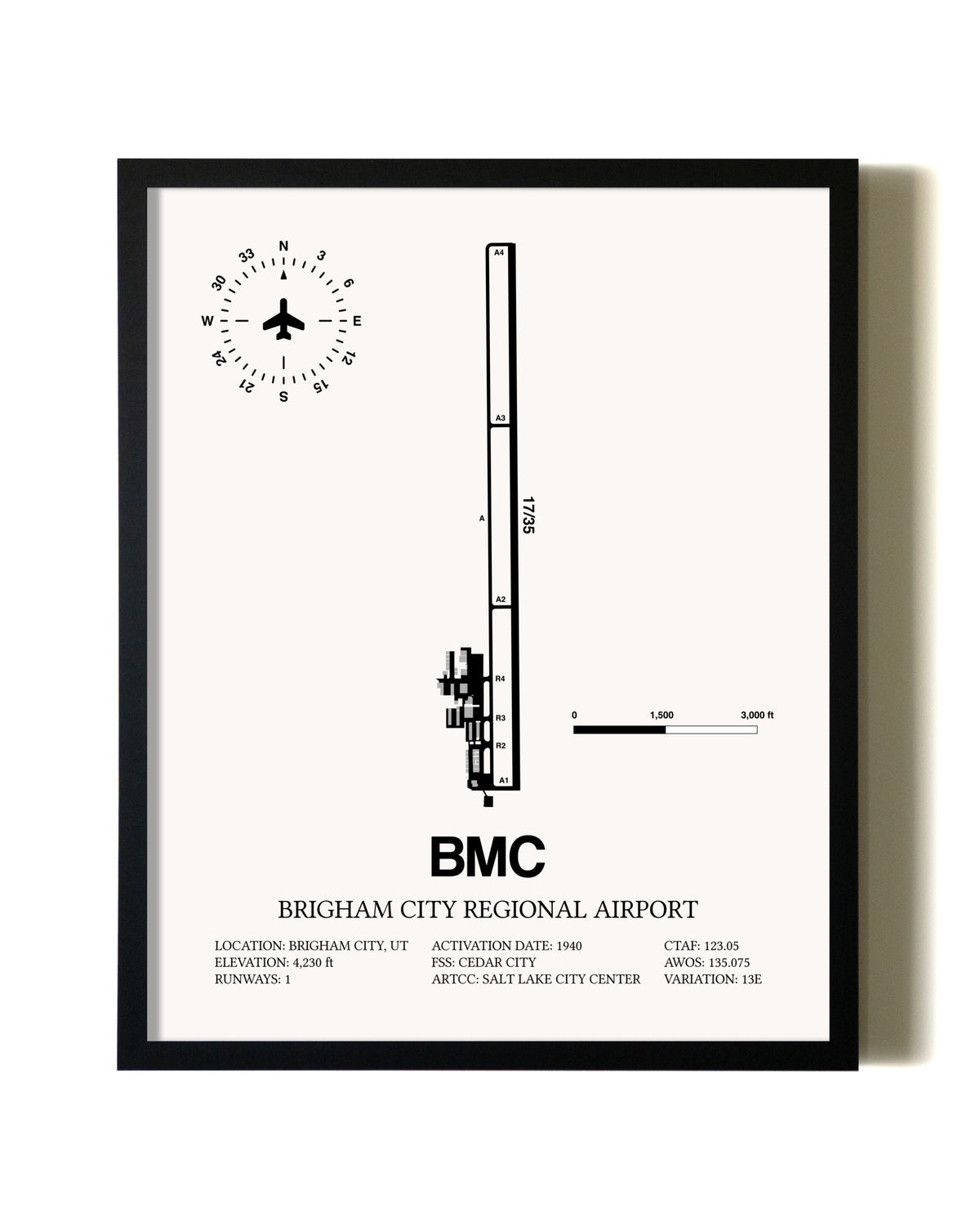 Framed Brigham City Regional Airport wall art poster in black frame
