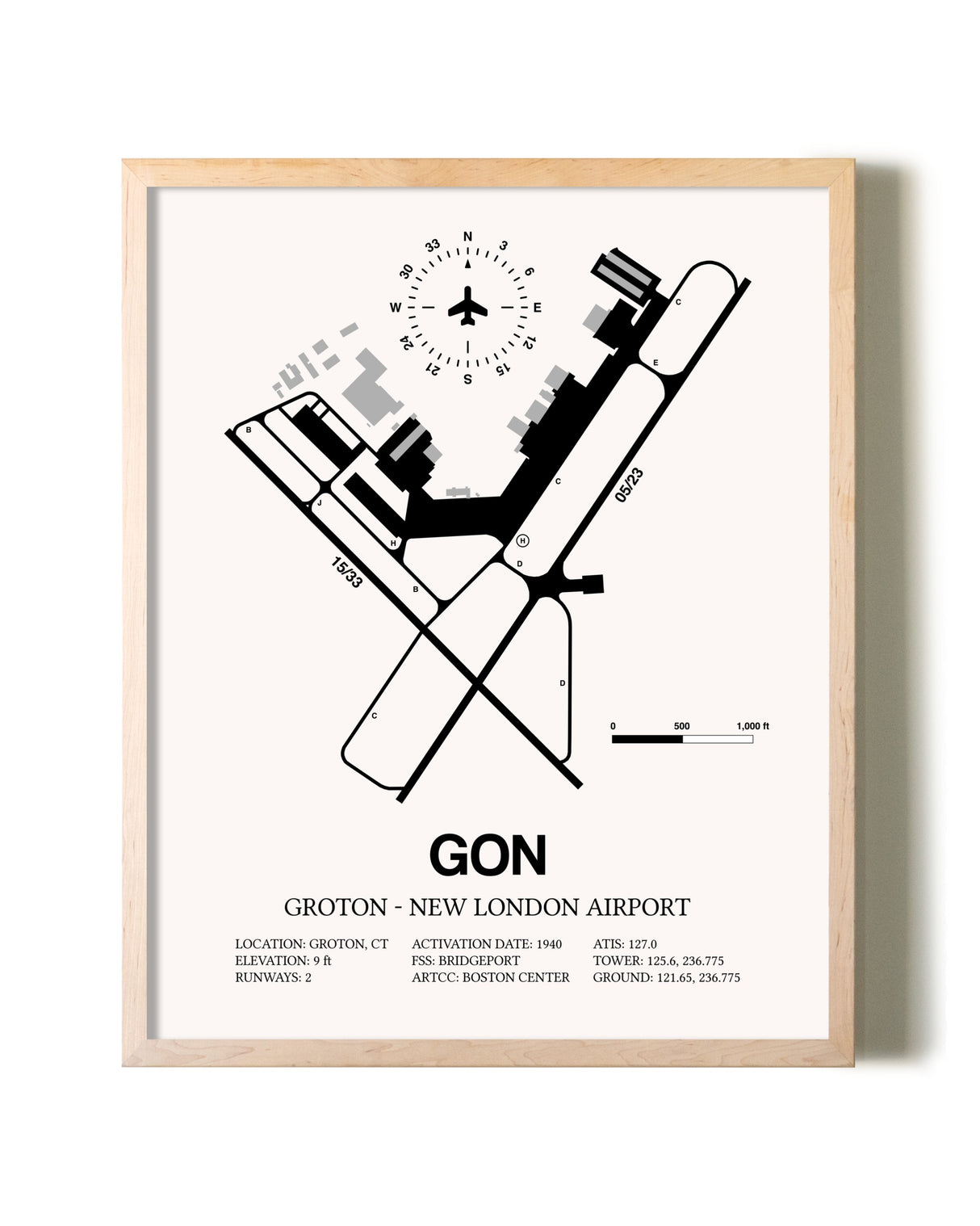 Groton-New London Airport framed wall art in white frame