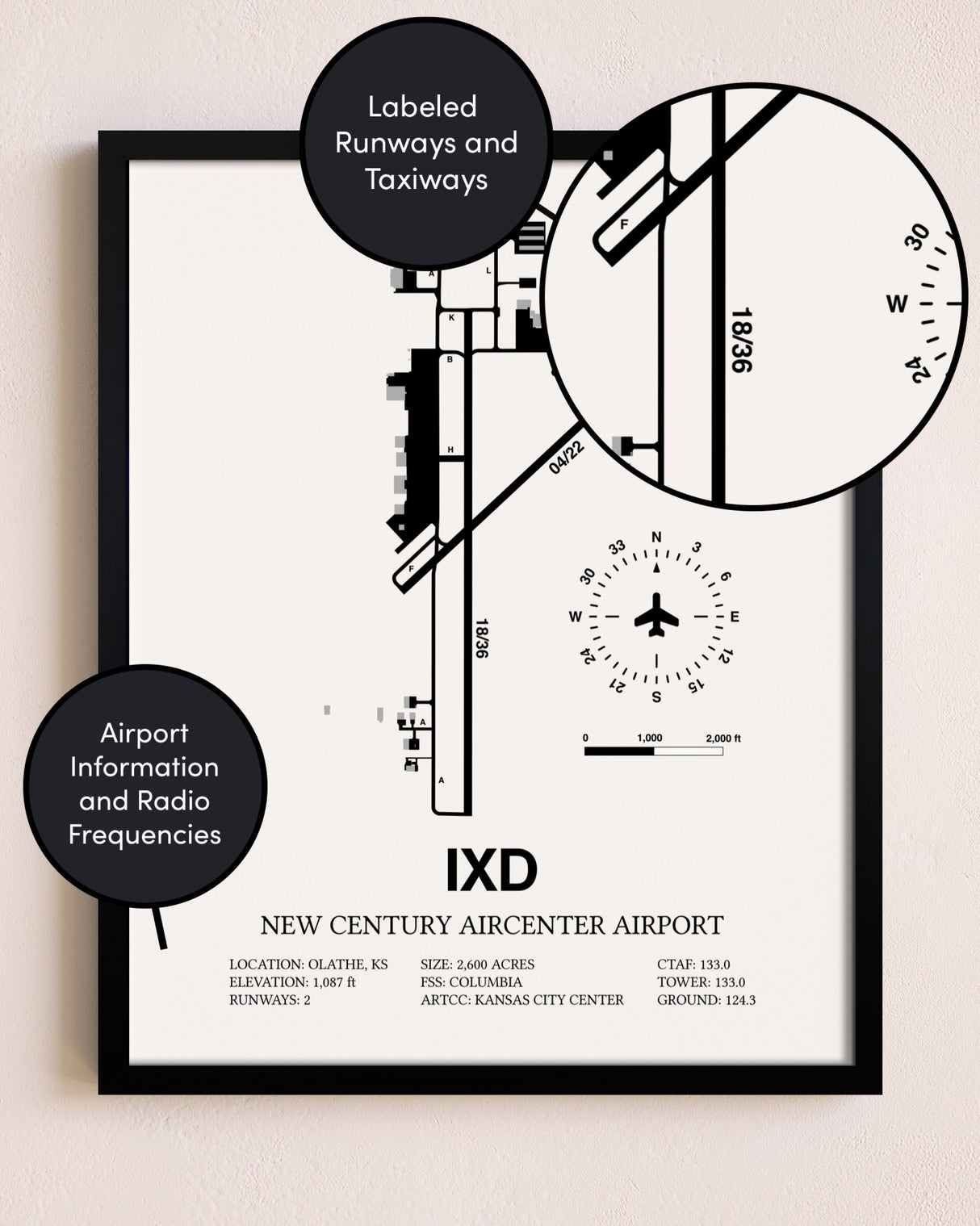 Framed New Century Aircenter Airport layout wall art poster