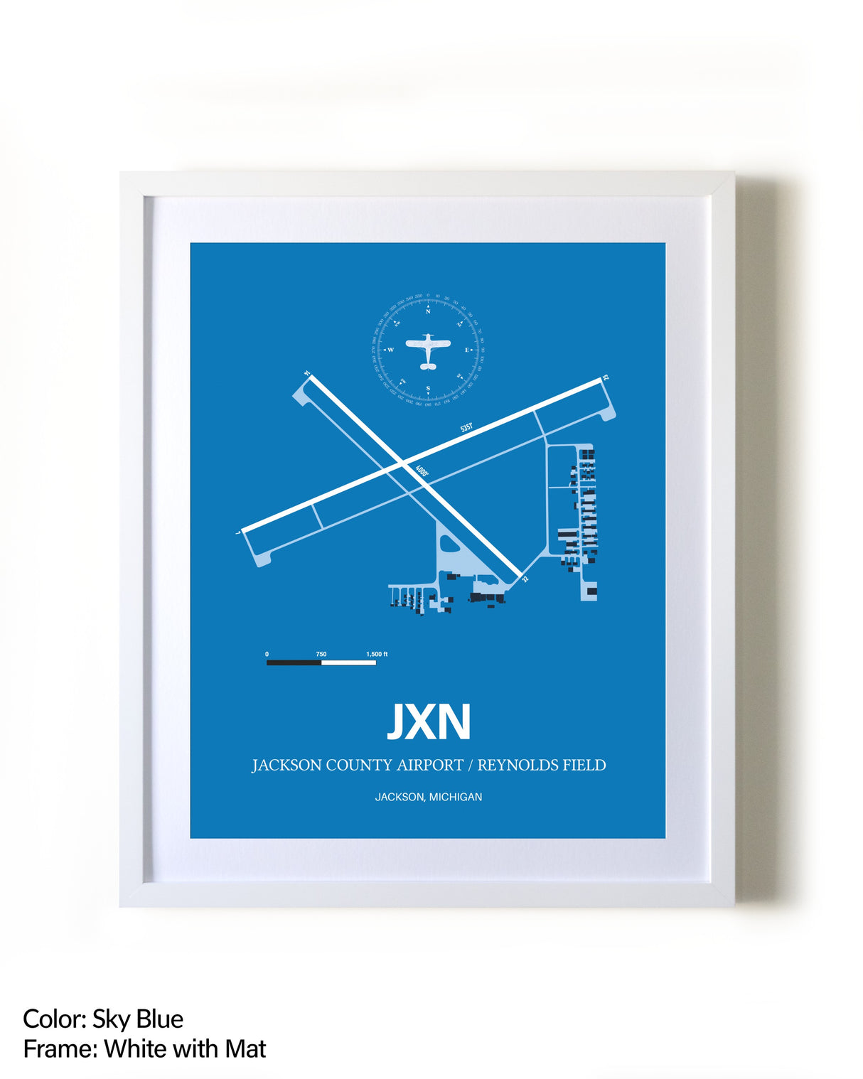 Jackson County Airport/Reynolds Field framed wall art in white frame with mat