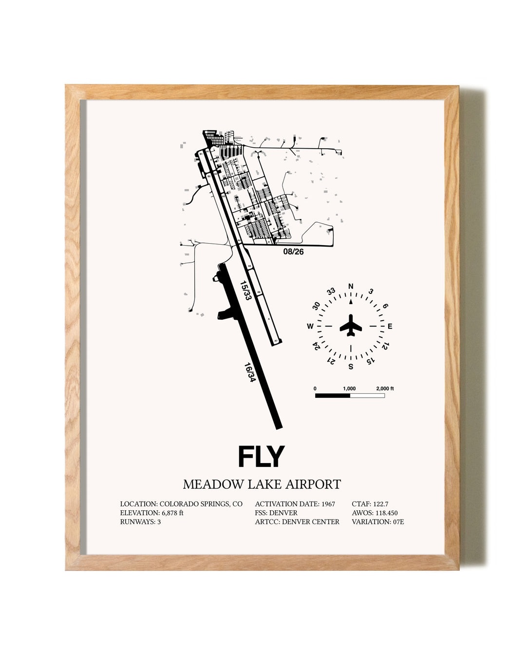 Meadow Lake Airport framed print in natural wood frame