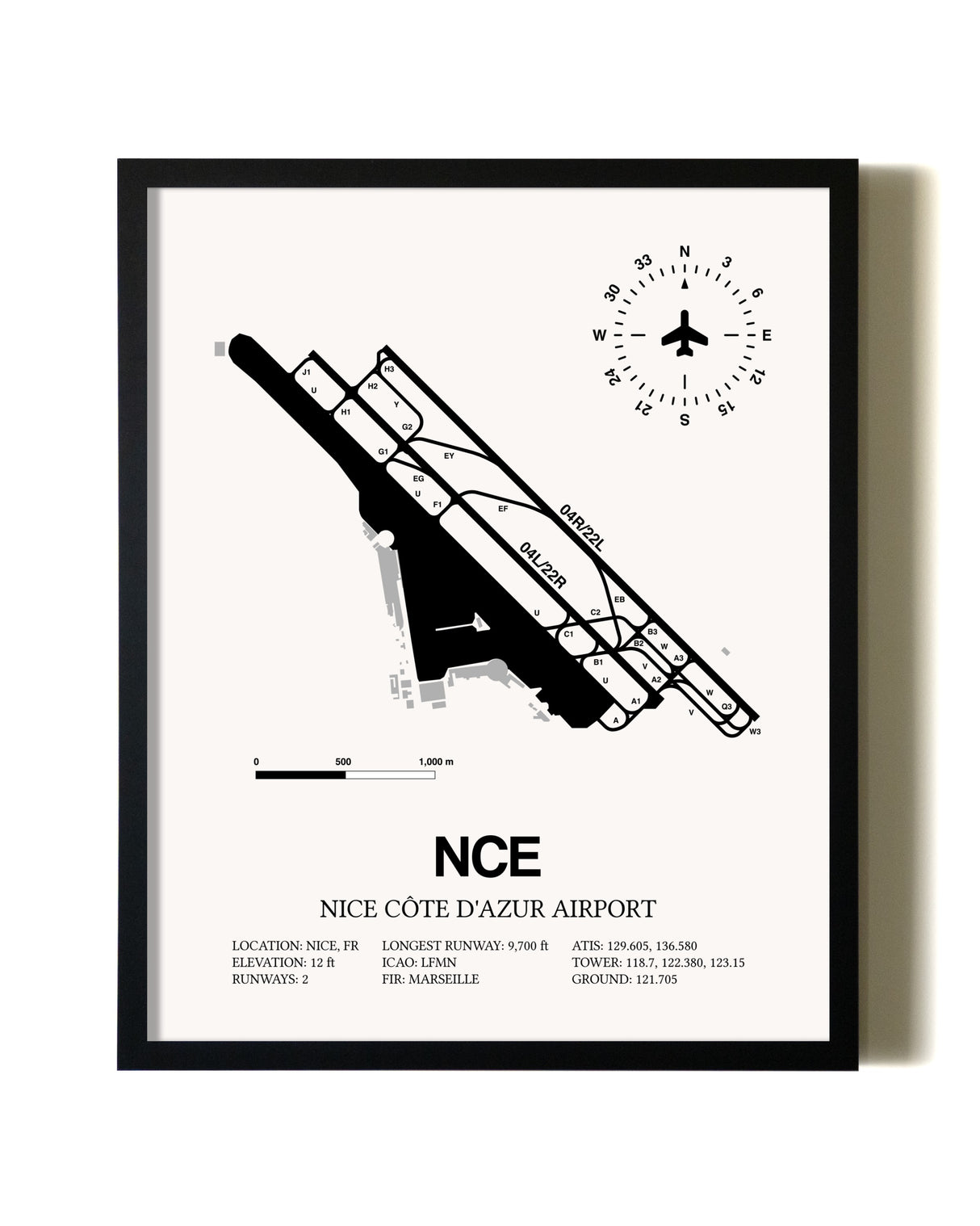 Framed Nice Cote D'Azur Airport wall art poster in black frame