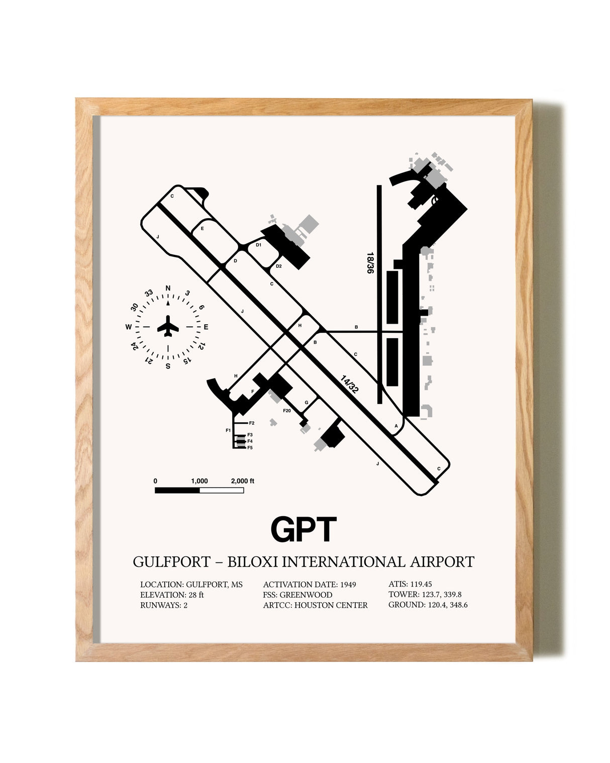 Gulfport-Biloxi International Airport framed print in natural wood frame