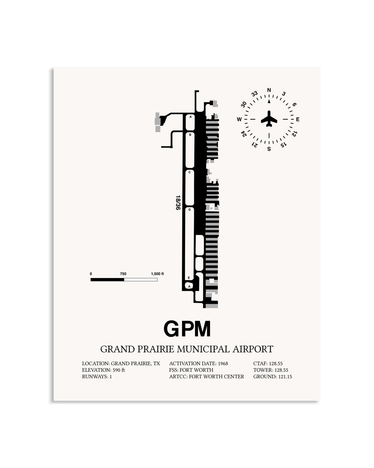 Gray Grand Prairie Municipal Airport framed poster displayed in an airplane hangar