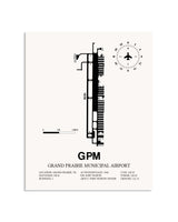Gray Grand Prairie Municipal Airport framed poster displayed in an airplane hangar