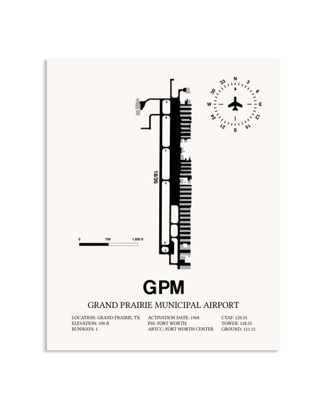 Gray Grand Prairie Municipal Airport framed poster displayed in an airplane hangar