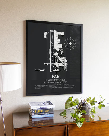 Gray Framed Seattle Paine Field International Airport wall art poster in black frame