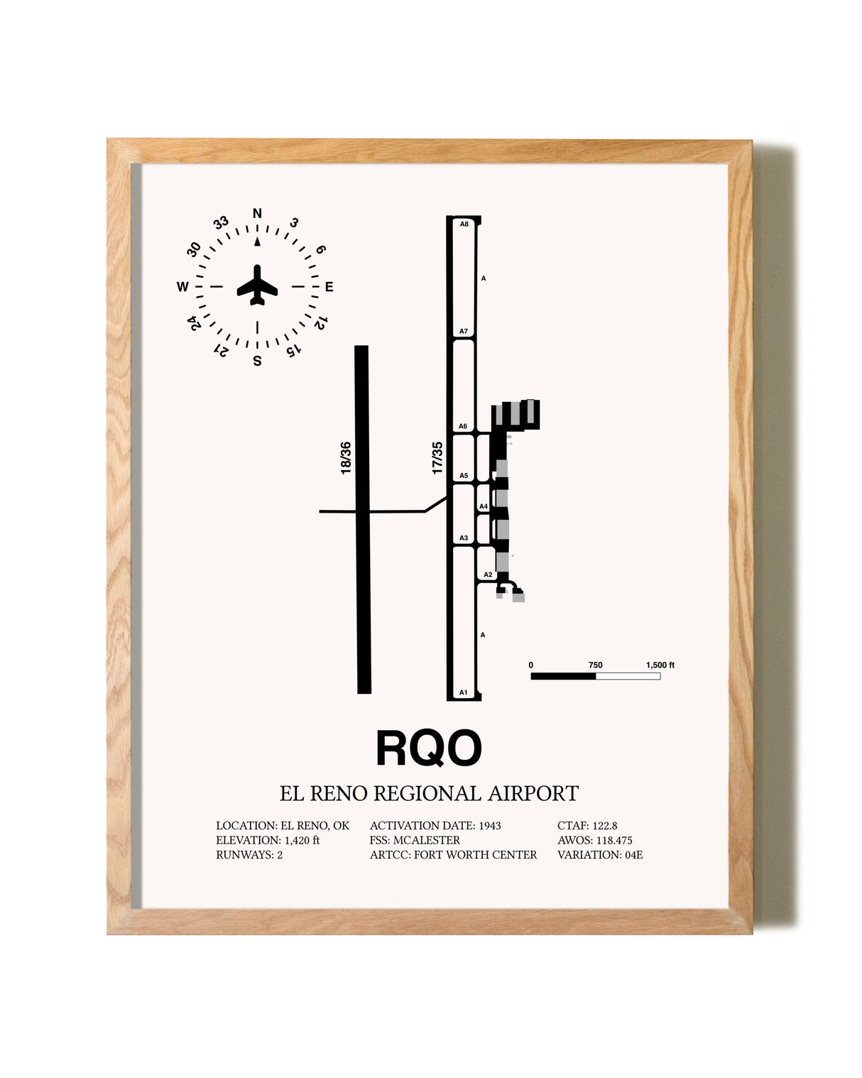 El Reno Regional Airport framed print in natural wood frame