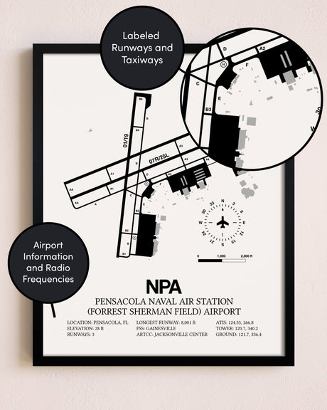 Framed Pensacola Naval Air Station (Forrest Sherman Field) Airport layout wall art poster