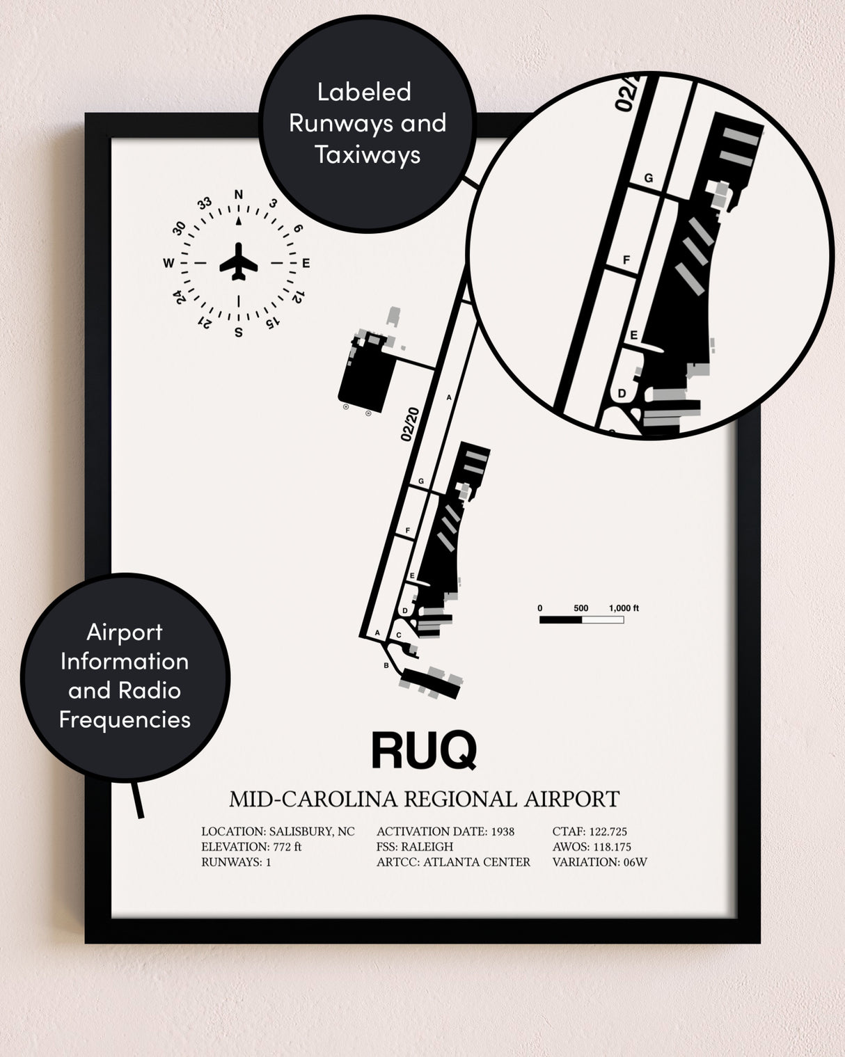 Framed Mid-Carolina Regional Airport layout wall art poster