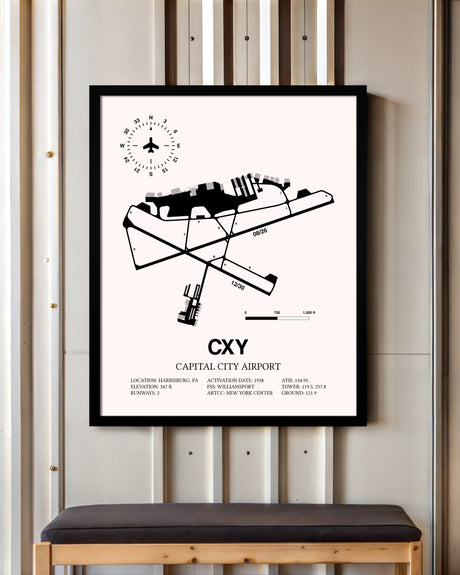 Capital City Airport framed poster displayed in an airplane hangar