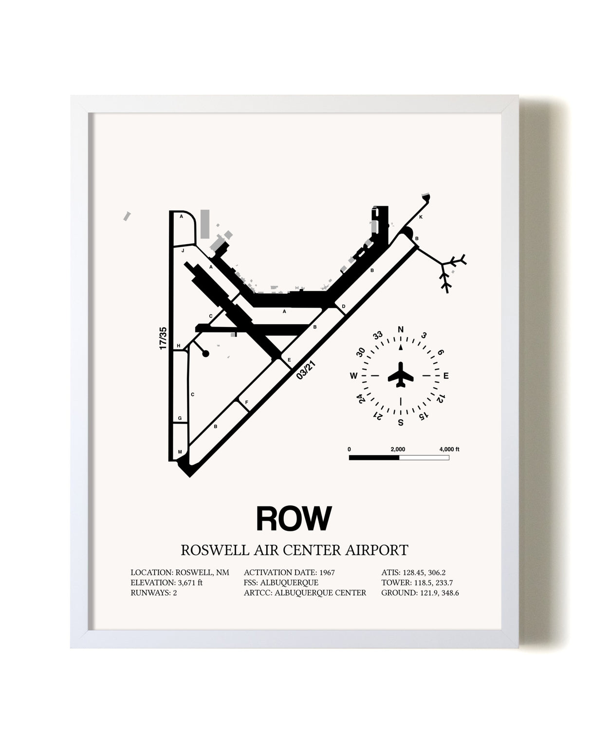Roswell Air Center Airport airport map poster in oak frame
