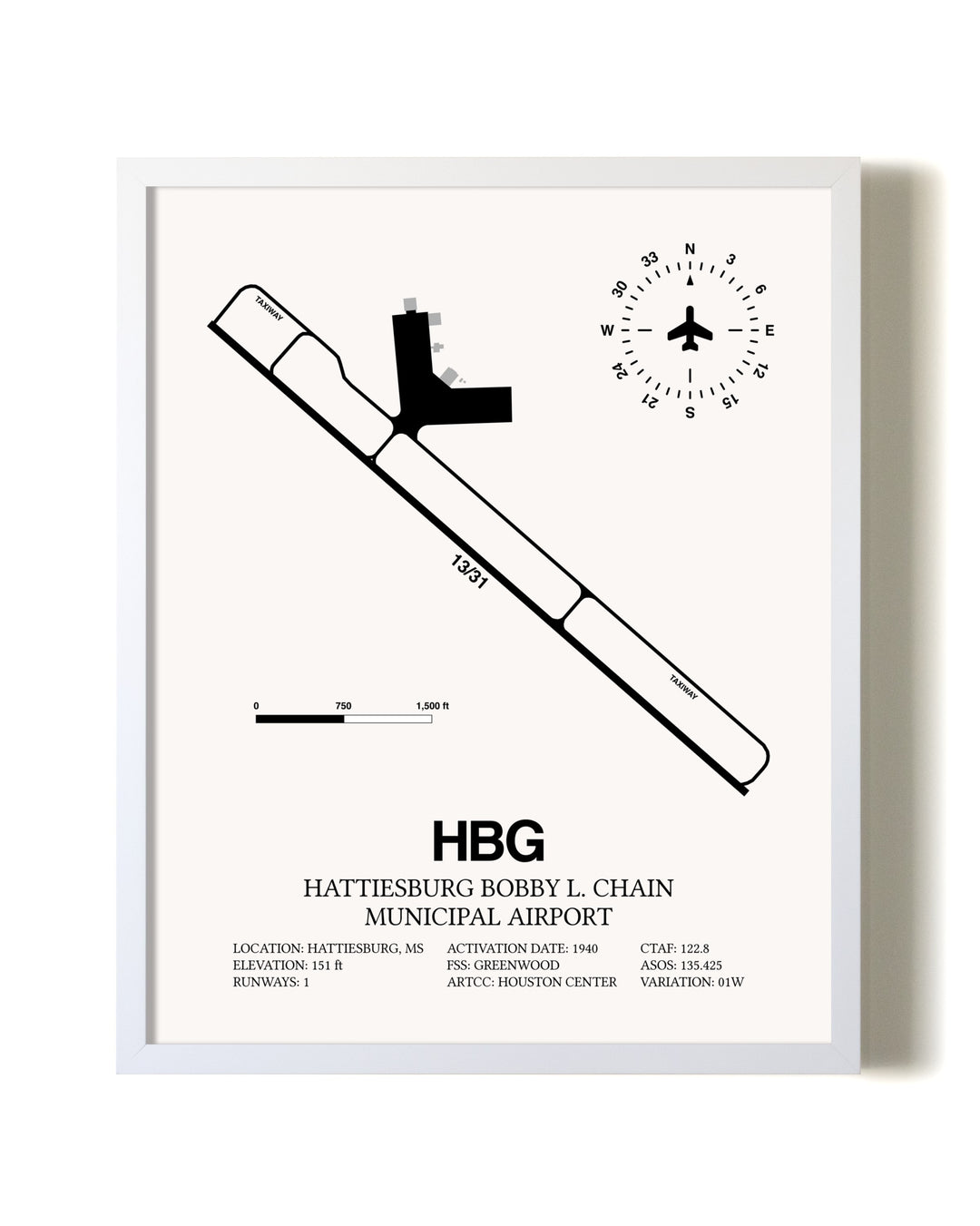 Hattiesburg Bobby L. Chain Municipal Airport airport map poster in oak frame