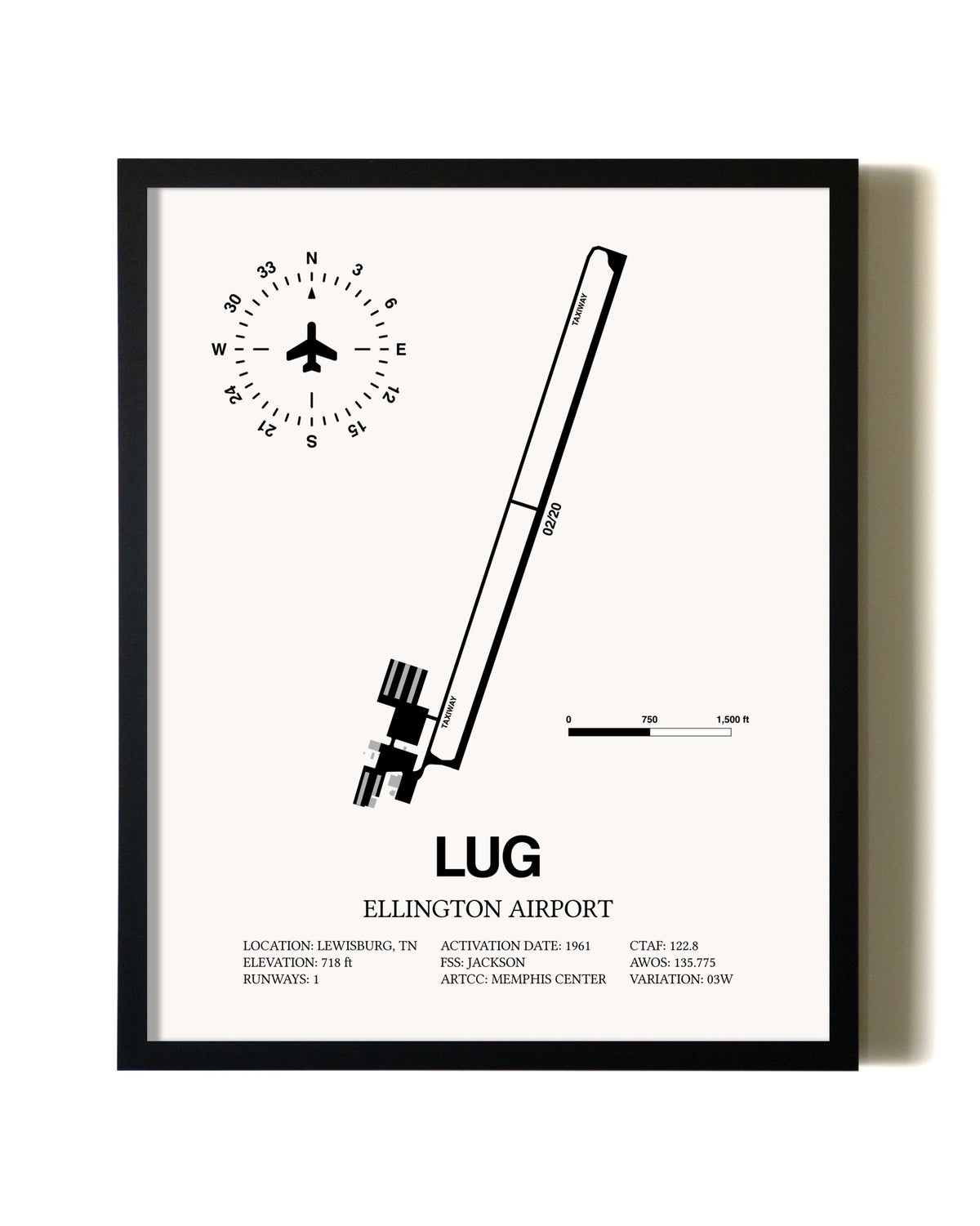 Framed Ellington Airport wall art poster in black frame