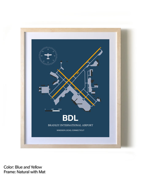 Bradley International Airport framed print in natural wood frame with mat
