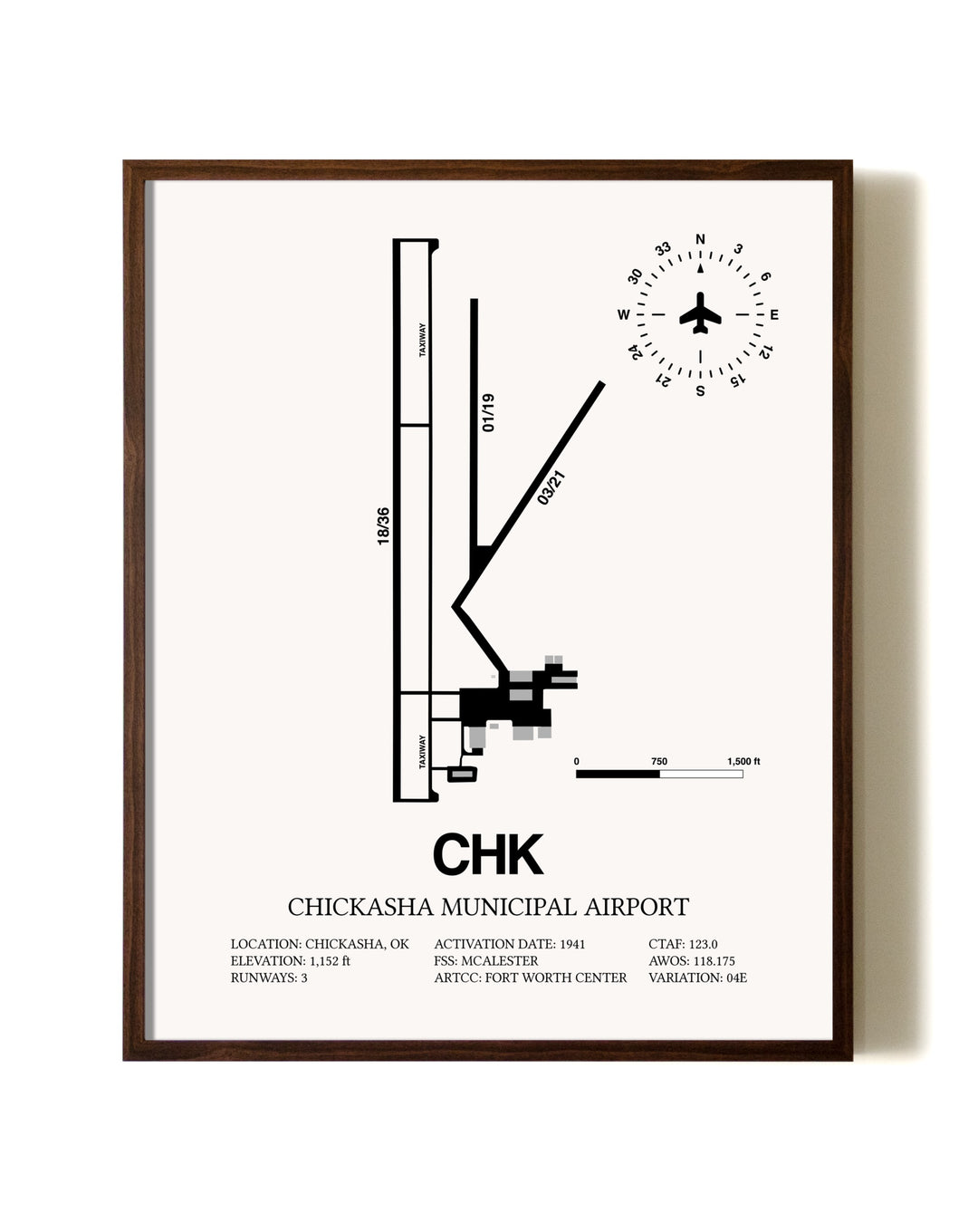 Chickasha Municipal Airport aviation print in walnut frame