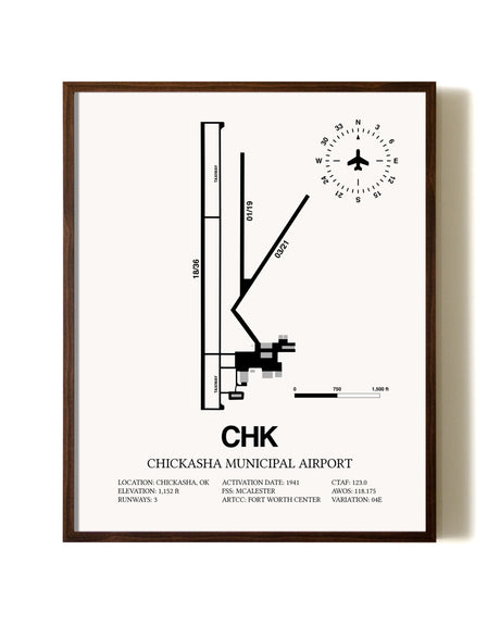 Chickasha Municipal Airport aviation print in walnut frame