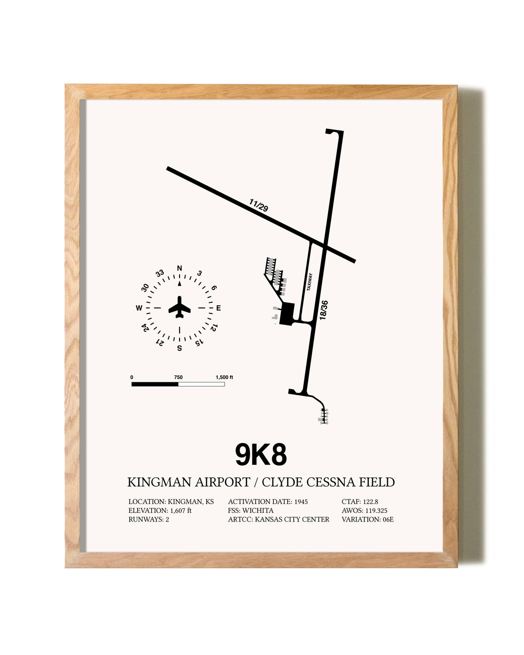 Kingman Airport / Clyde Cessna Field framed print in natural wood frame