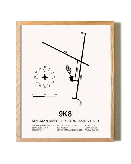 Kingman Airport / Clyde Cessna Field framed print in natural wood frame