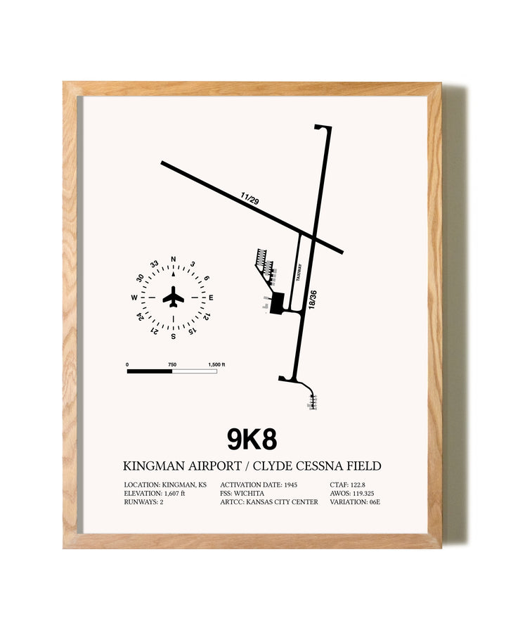 Kingman Airport / Clyde Cessna Field framed print in natural wood frame