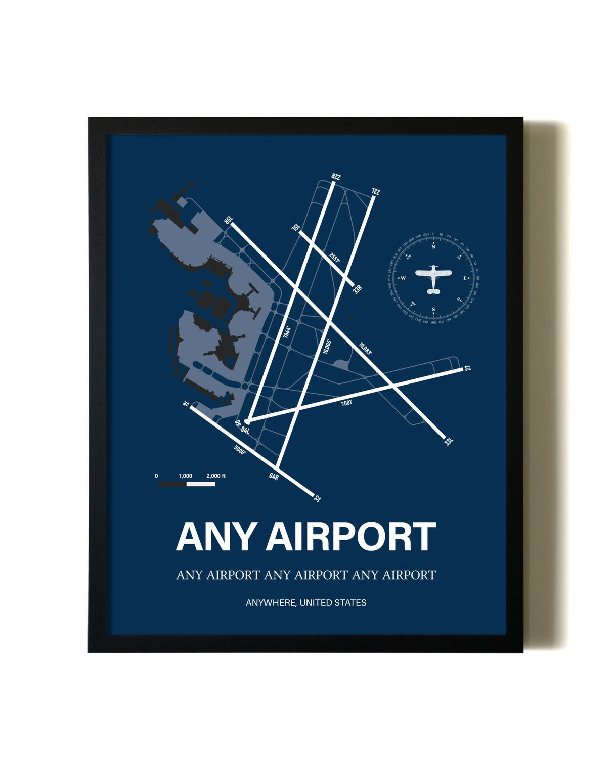 Aviation Blue Framed Any Airport layout wall art poster
