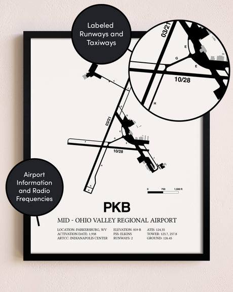 Framed Mid-Ohio Valley Regional Airport layout wall art poster