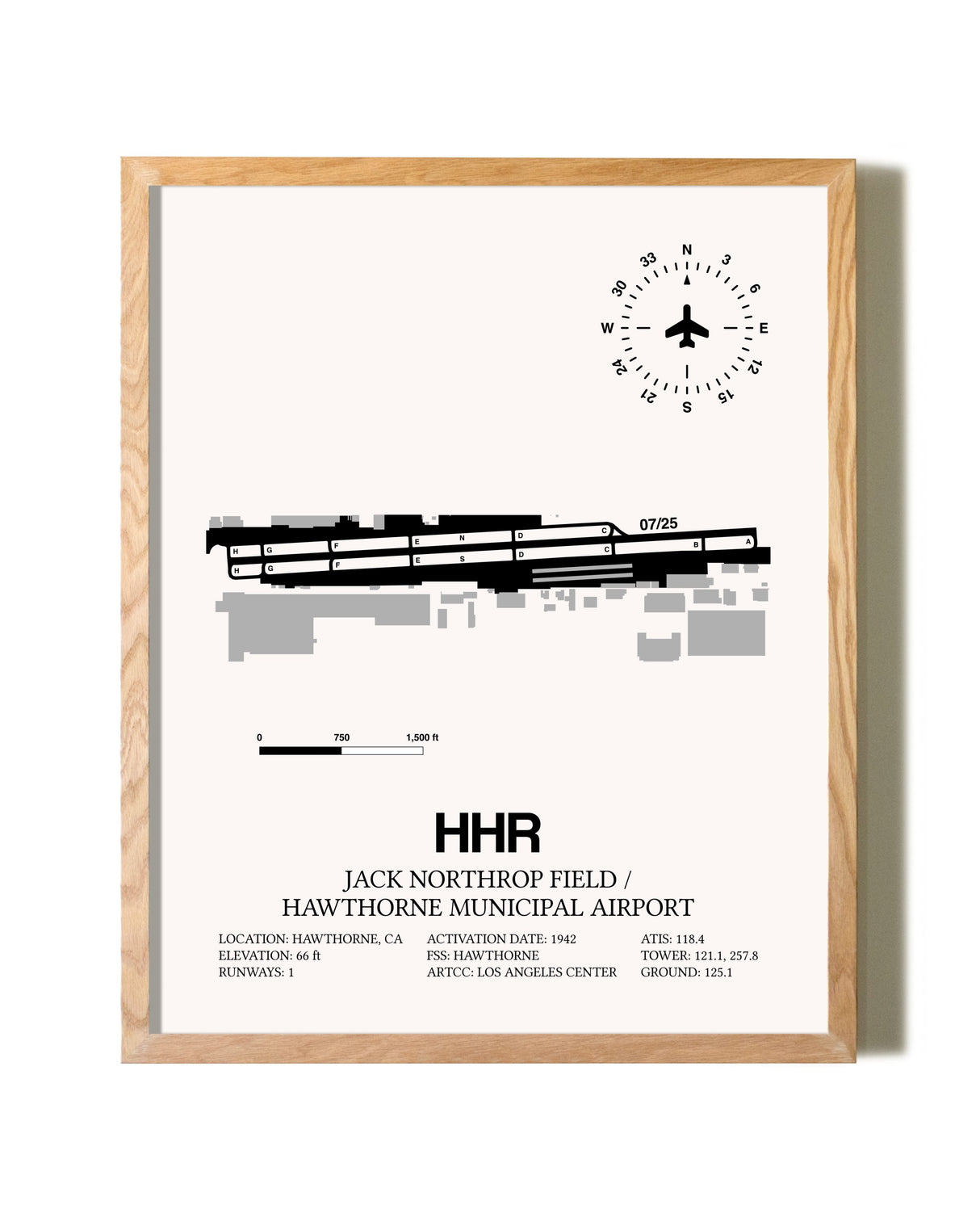 Jack Northrop Field / Hawthorne Municipal Airport framed print in natural wood frame