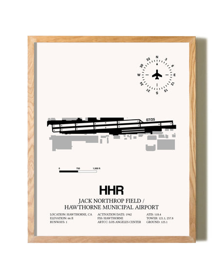 Jack Northrop Field / Hawthorne Municipal Airport framed print in natural wood frame