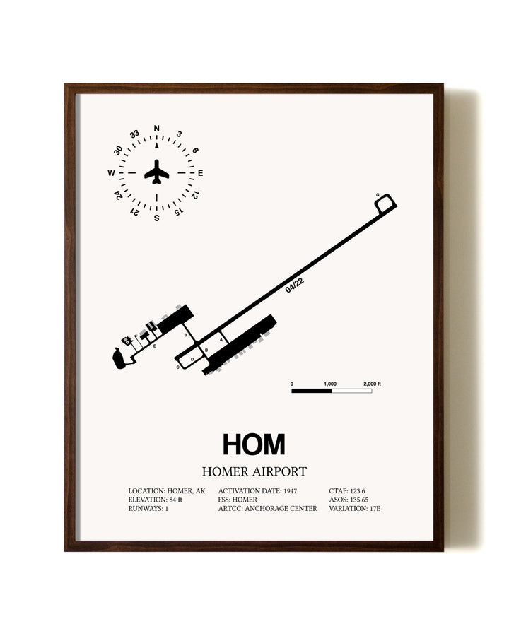 Homer Airport aviation print in walnut frame