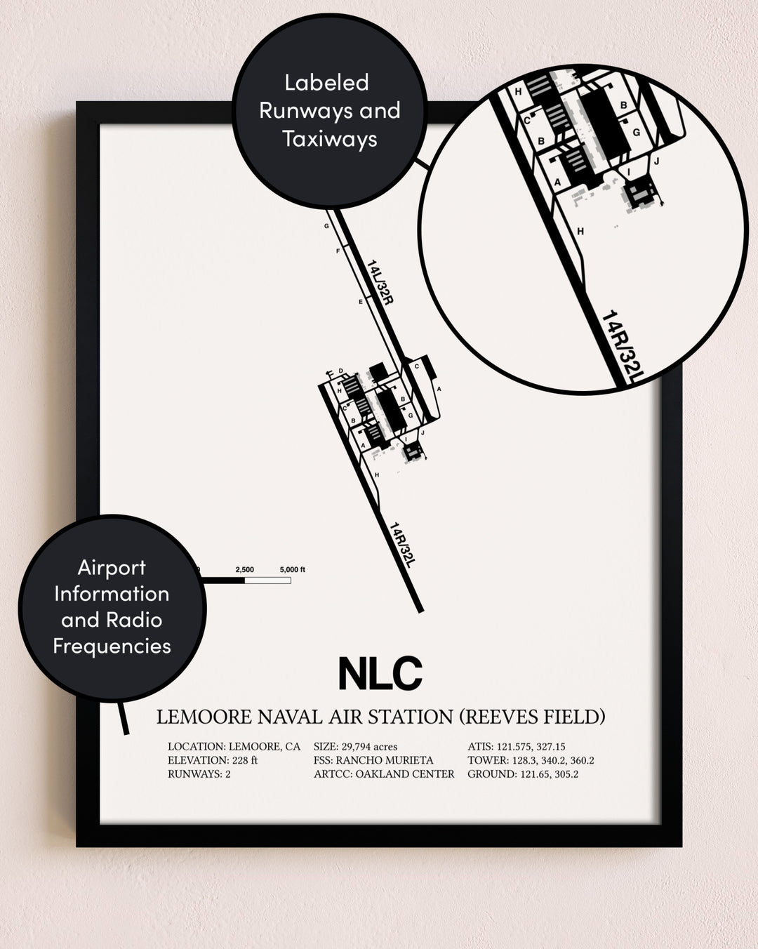 Framed Lemoore Naval Air Station (Reeves Field) layout wall art poster