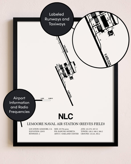 Framed Lemoore Naval Air Station (Reeves Field) layout wall art poster