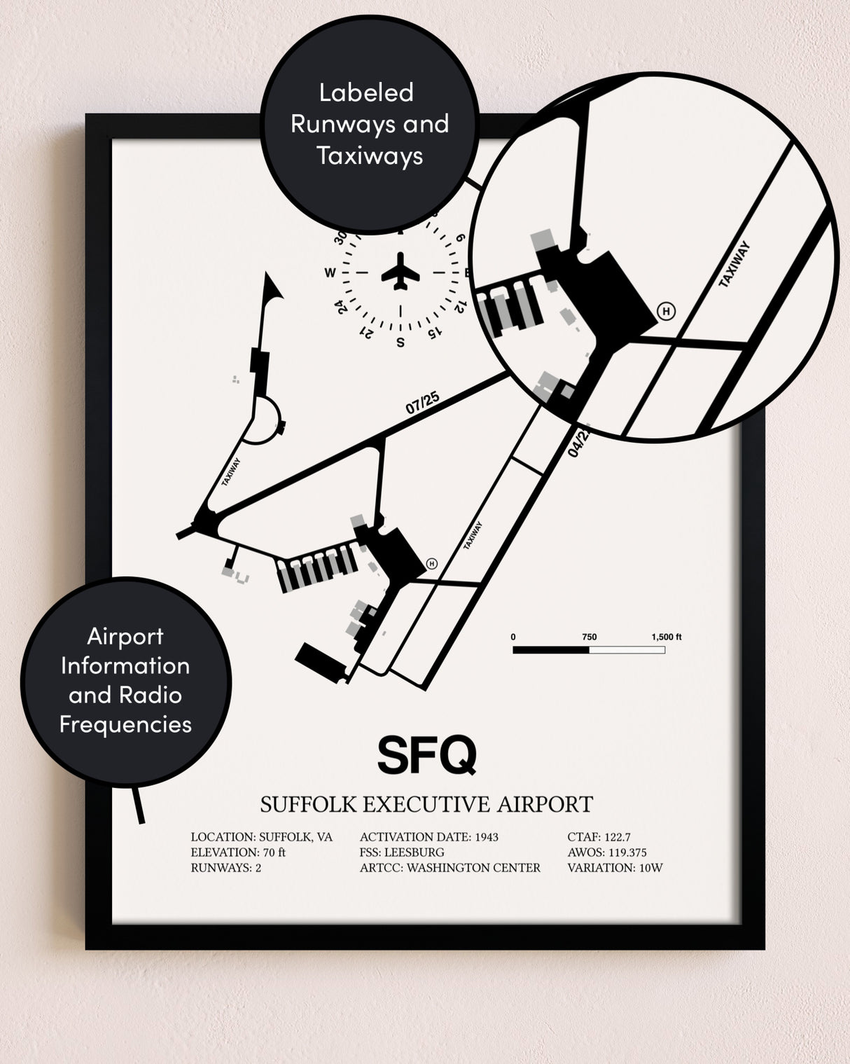Framed Suffolk Executive Airport layout wall art poster