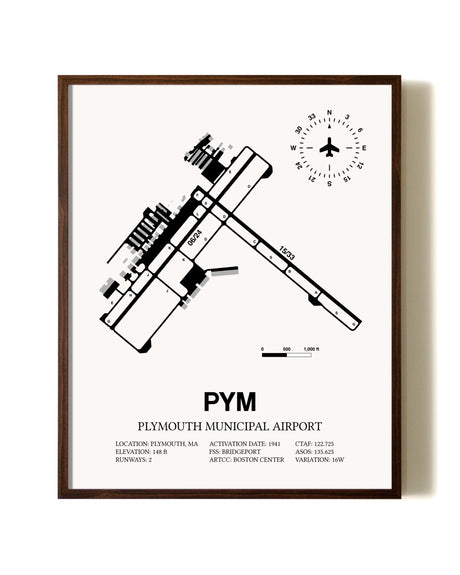 Plymouth Municipal Airport aviation print in walnut frame